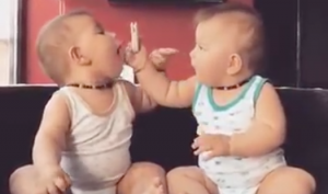 Deze schattige tweelingbroertjes kijken elkaar aan. De blik in hun ogen is onbetaalbaar!