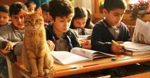 Kat loopt naar binnen op een Turkse basisschool. Om daarna nooit meer weg te gaan
