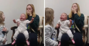 Baby hoort voor het eerst haar grote zus. En dat zorgt voor een hele bijzondere reactie..