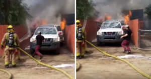 Huis staat in brand. Dan rent deze man naar binnen om z’n huisdier te redden