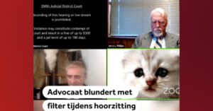 Oudere advocaat verschijnt in beeld met kattenfilter tijdens hoorzitting op Zoom