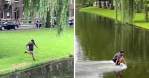 Man glijdt over het water in Rotterdam en zijn video gaat heel de wereld over…