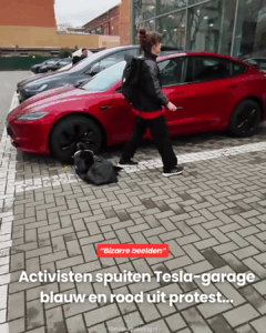 Activisten spuiten Tesla-garage blauw en rood uit protest…