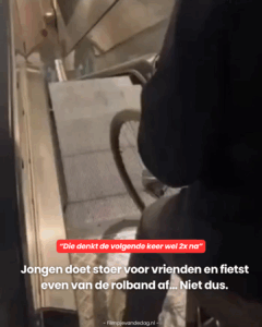 Jongen doet stoer voor vrienden en fietst even van de rolband af… Niet dus.