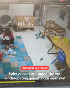 Baby zet eerste stappen, juf van kinderopvang gelooft haar ogen niet