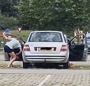 Dappere vrouw gooit rommel terug in de auto van vervuilers bij McDonalds